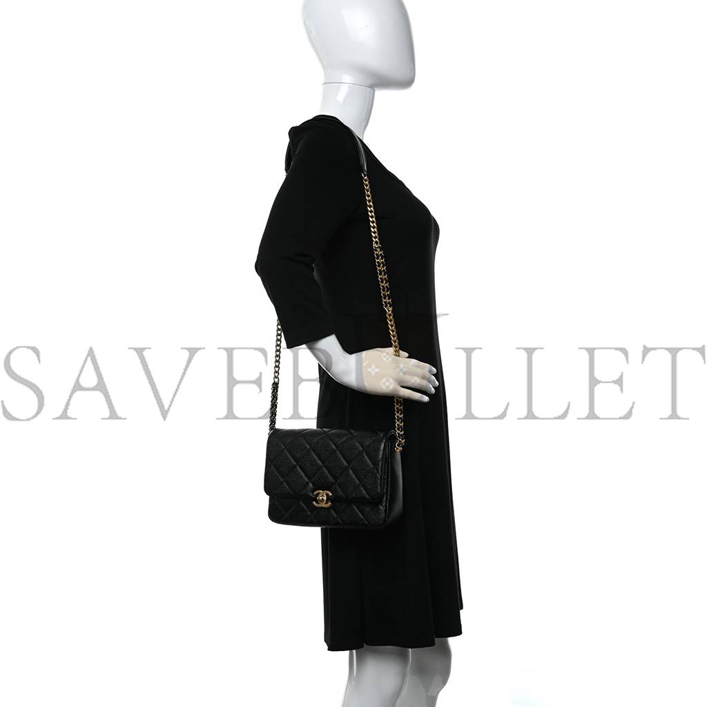 Ch*el shiny caviar quilted small chain melody flap black gold hardware (22*15*6cm)