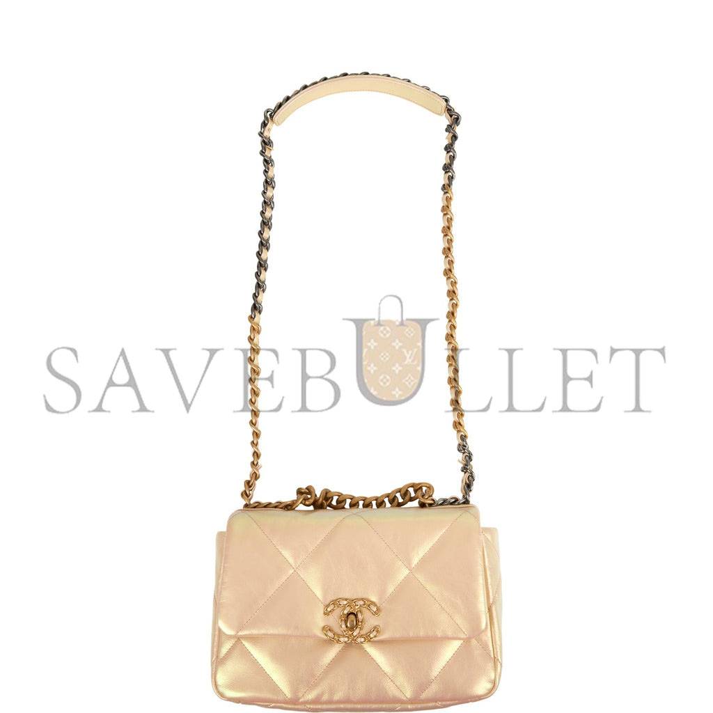 Ch*el medium 19 flap bag rose iridescent calfskin mixed hardware (25*16*9cm)