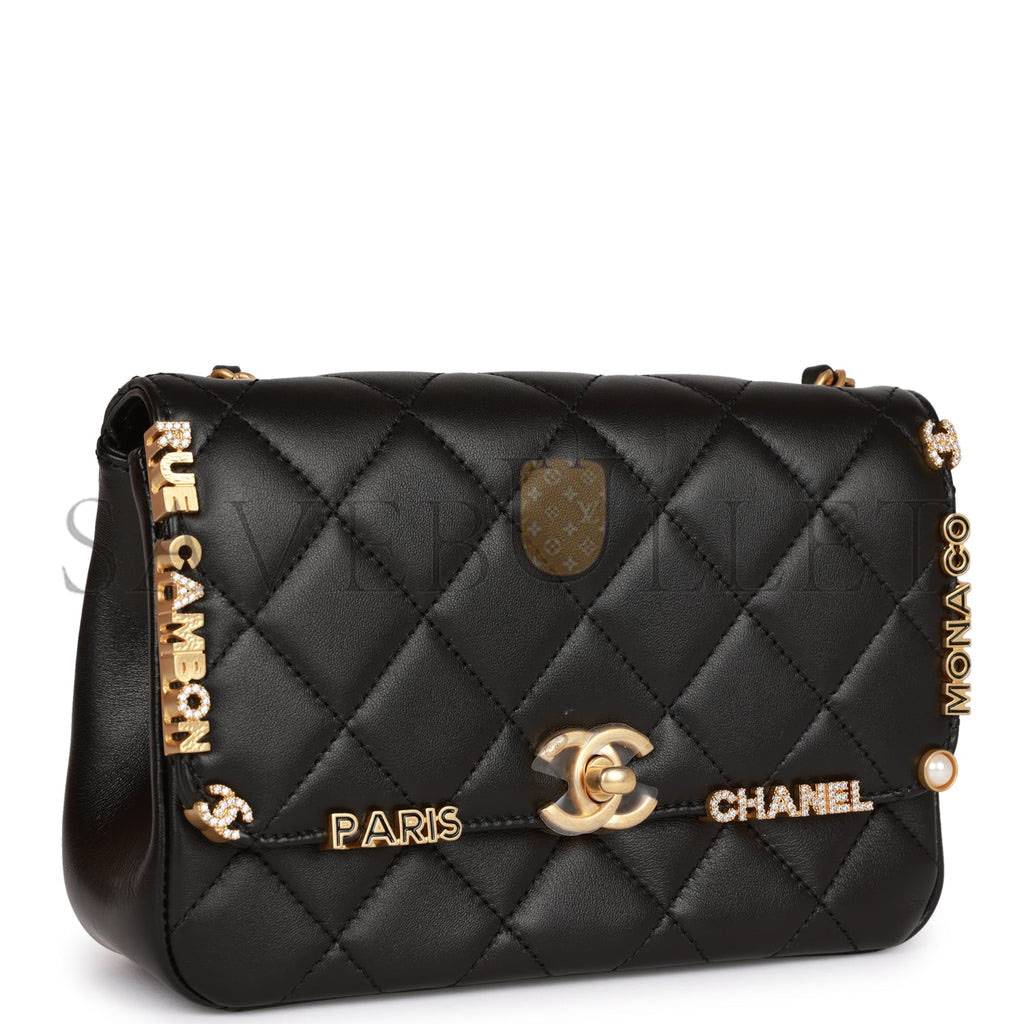 Ch*el monaco mini flap bag black lambskin antique gold hardware (19*13*8cm)