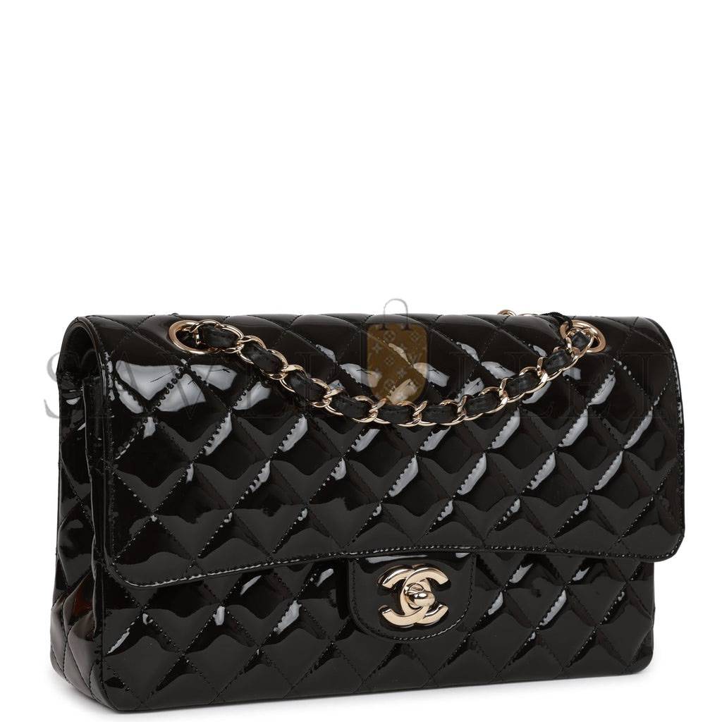 Ch*el medium classic double flap bag black patent light gold hardware (25*15*7cm)