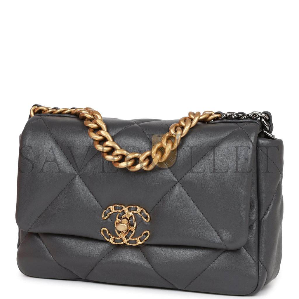 Ch*el medium 19 flap bag grey calfskin mixed hardware (25*16*9cm)