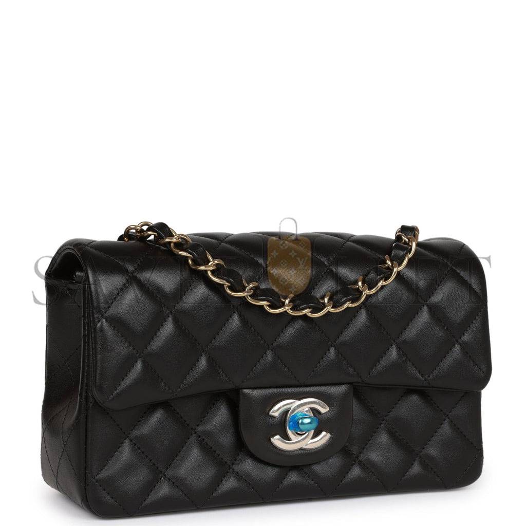 Ch*el mini rectangular flap bag black lambskin light gold hardware (20*13*6cm)
