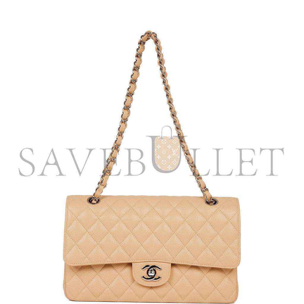 Ch*el medium classic double flap bag beige caviar silver hardware (25*15*7cm)