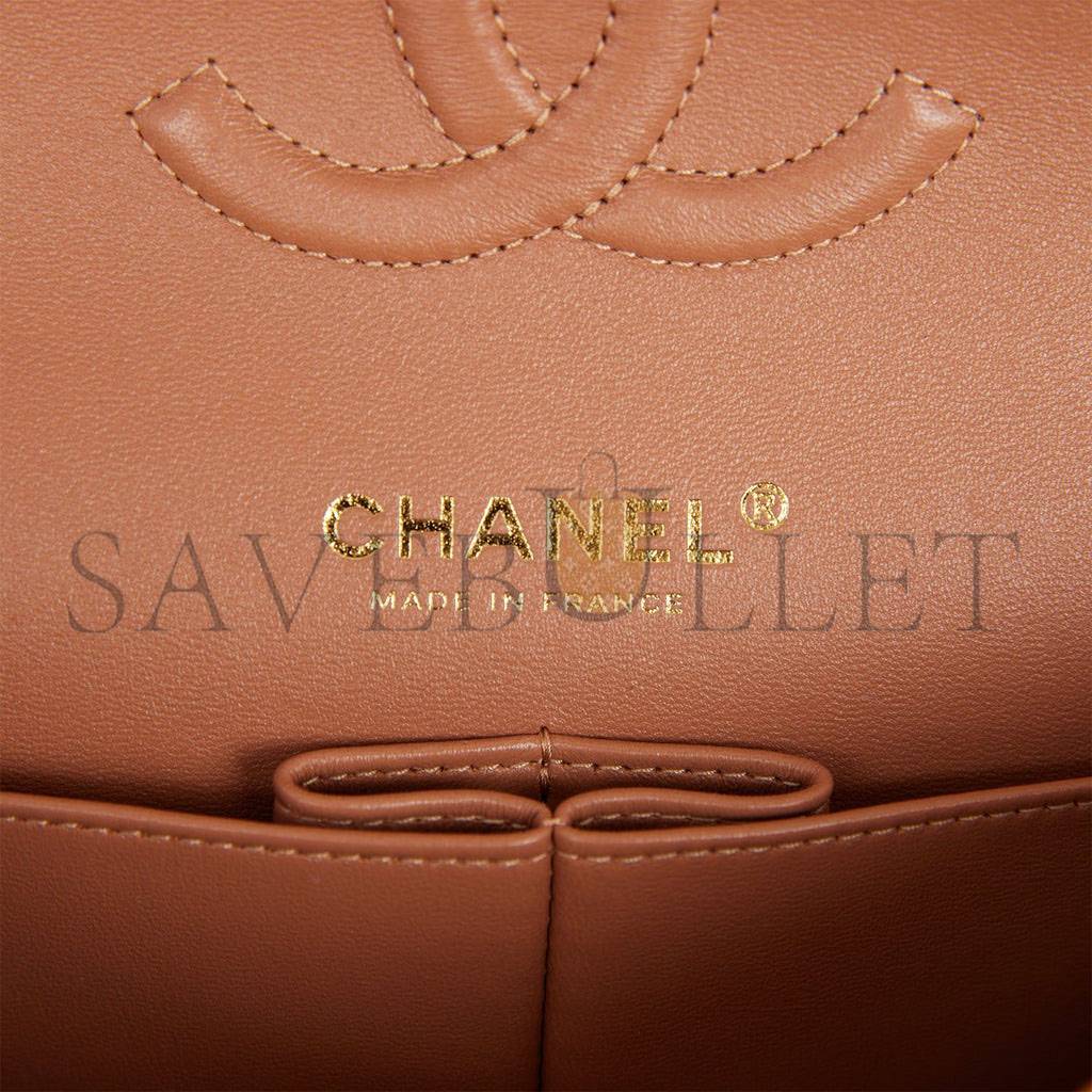 Ch*el medium classic double flap bag caramel lambskin light gold hardware (25*15*7cm)