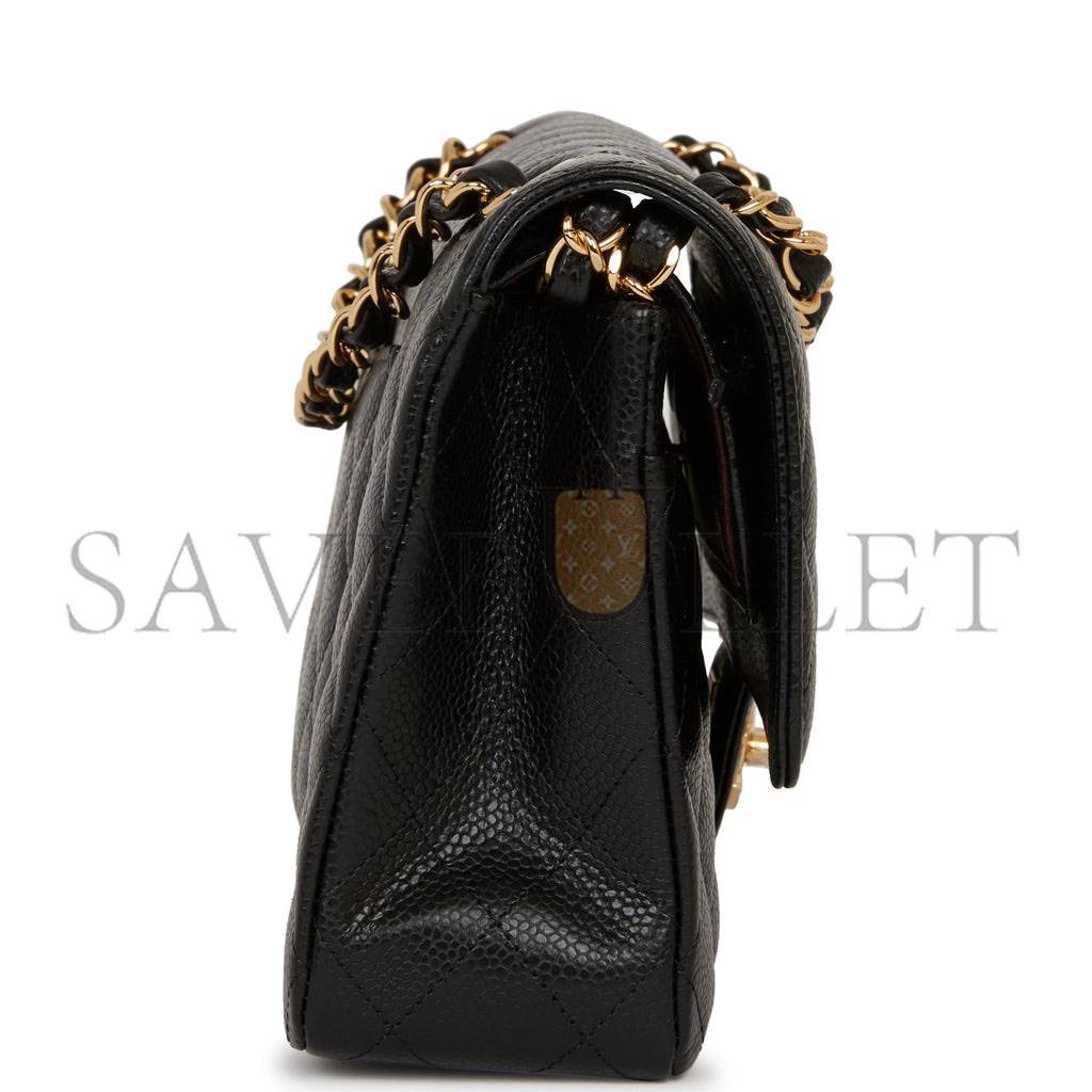 Ch*el medium classic double flap bag black quilted caviar gold hardware (25*15*7cm)