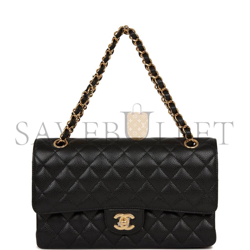 Ch*el medium classic double flap bag black quilted caviar gold hardware (25*15*7cm)