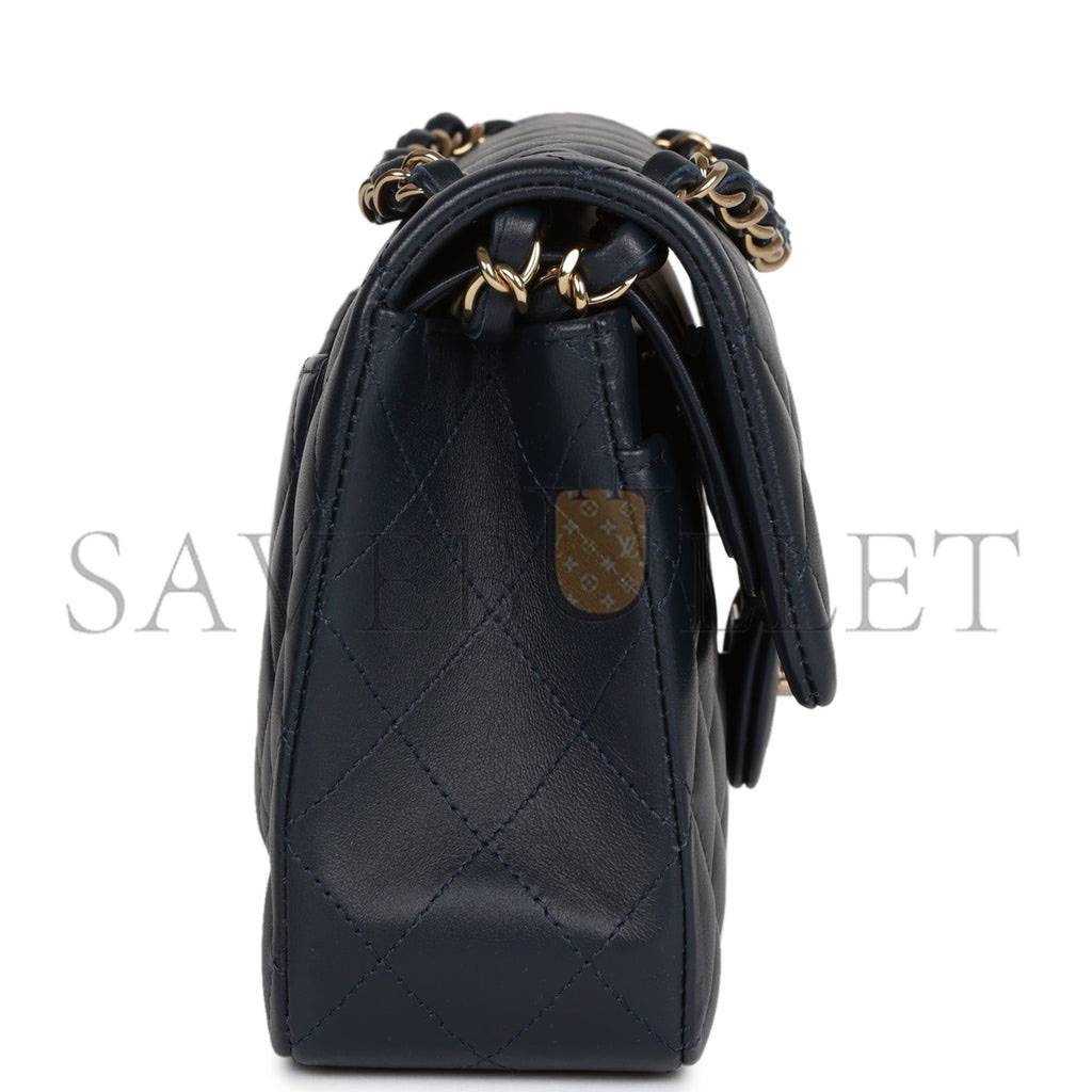 Ch*el small classic double flap navy lambskin light gold hardware (23*13*6cm)