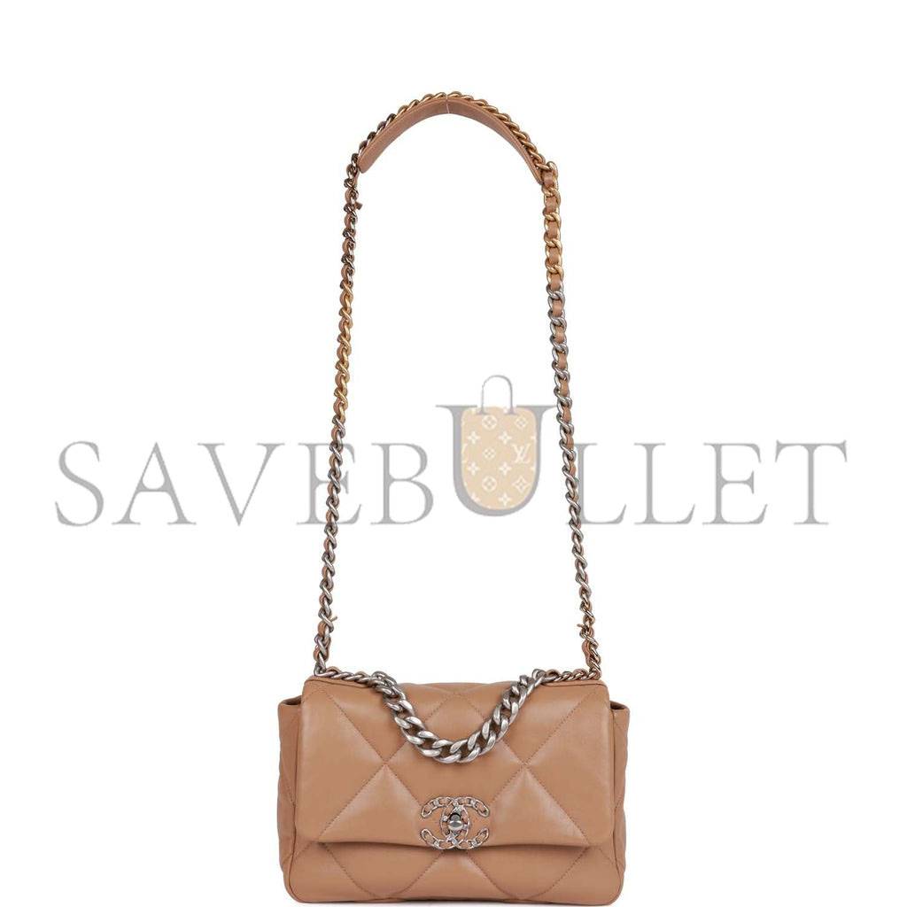 Ch*el medium 19 flap bag beige calfskin mixed hardware (25*16*9cm)