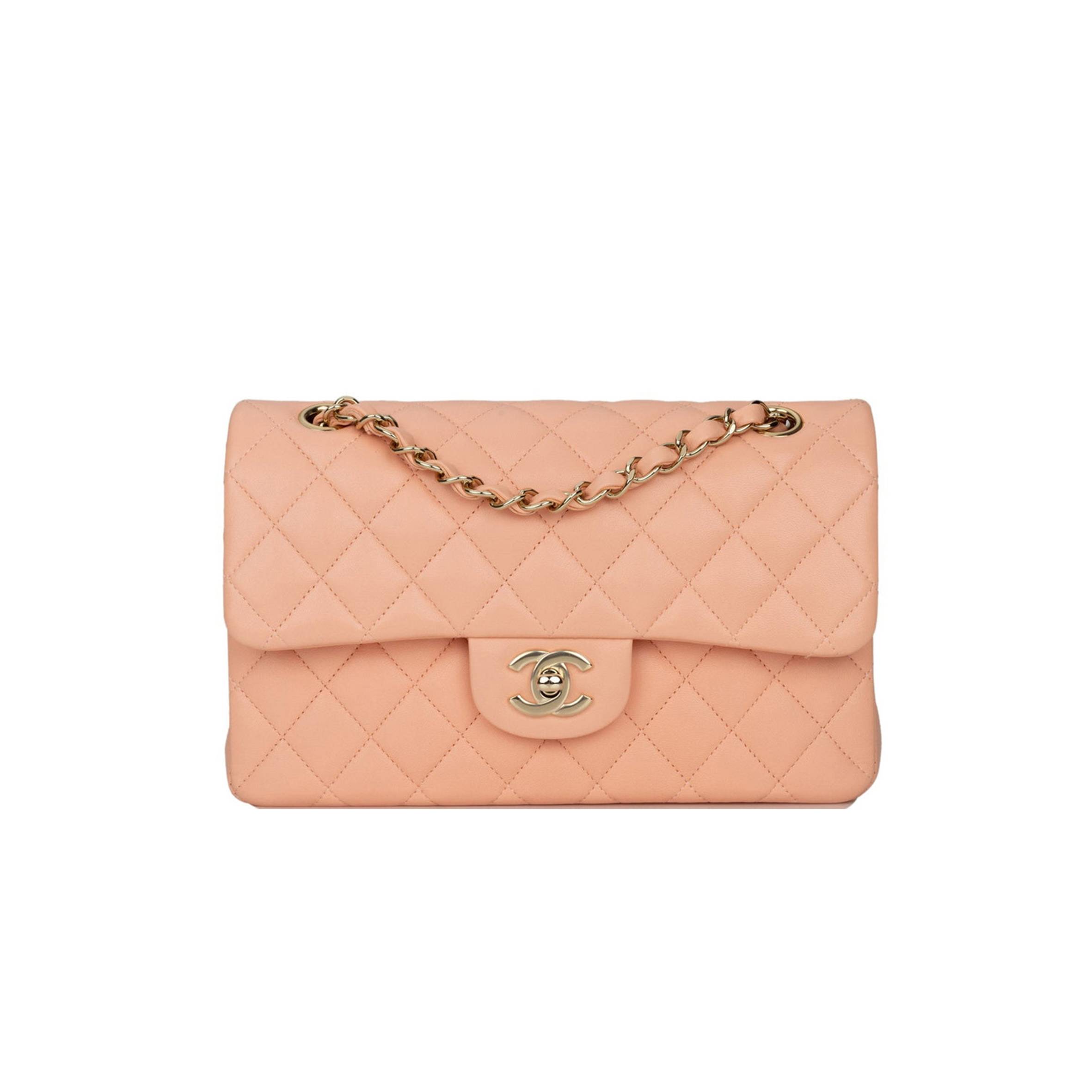 Ch*el small classic double flap peach lambskin light gold hardware (23*13*6cm)