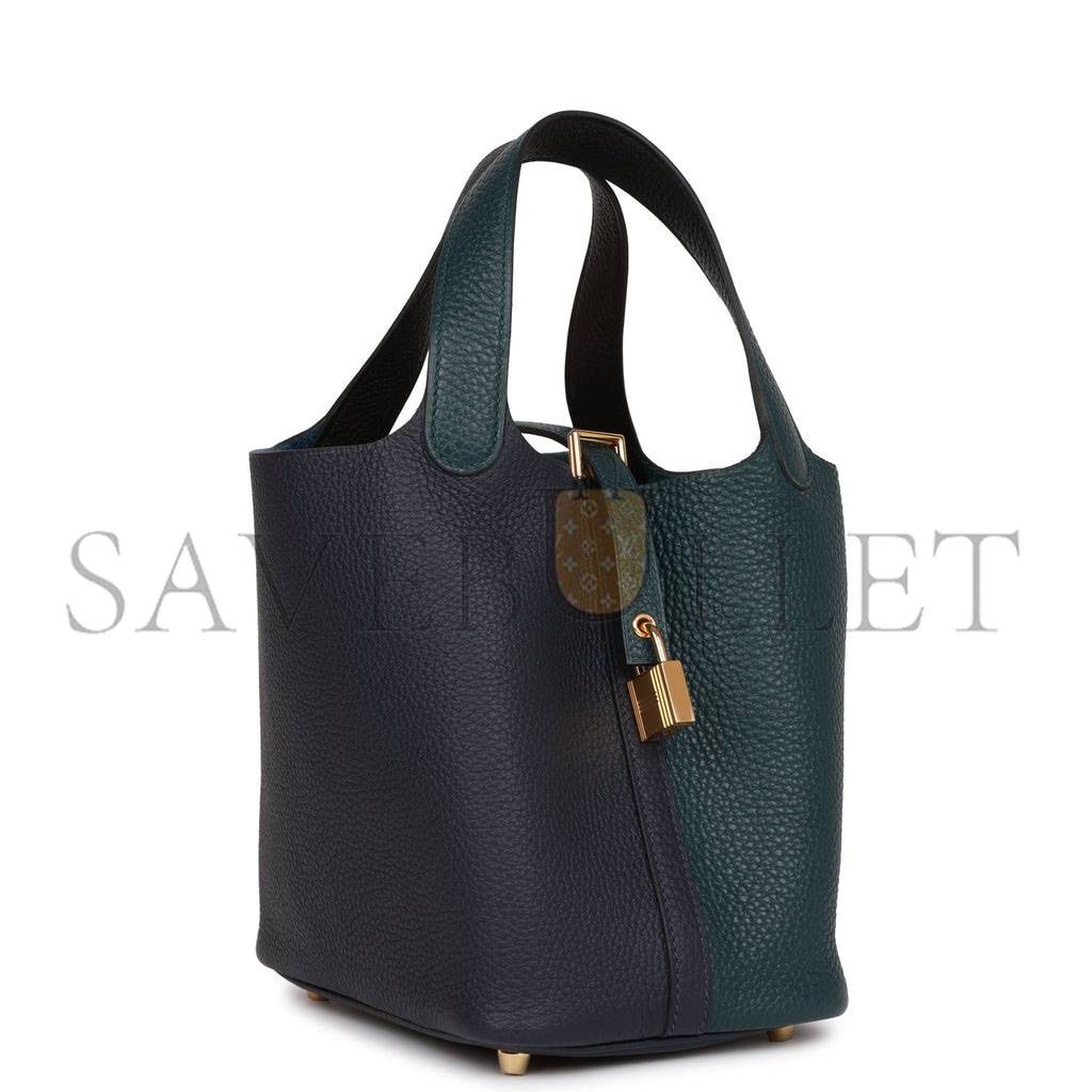 H**mes picotin lock 18 casaque vert cypress, bleu nuit and black clemence gold hardware(18*13*18cm)