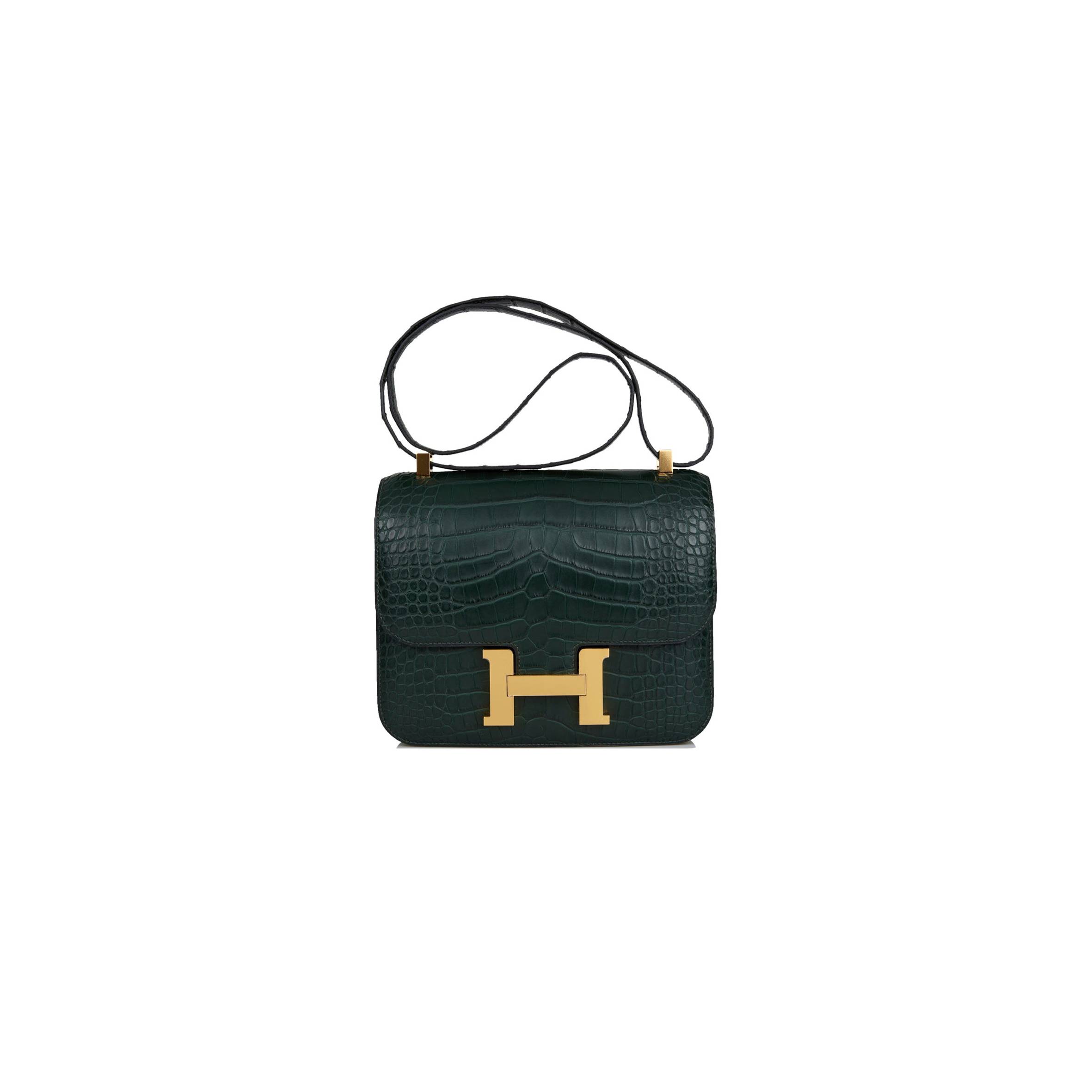 H**mes constance 24 vert fonce matte alligator gold hardware (24cm)