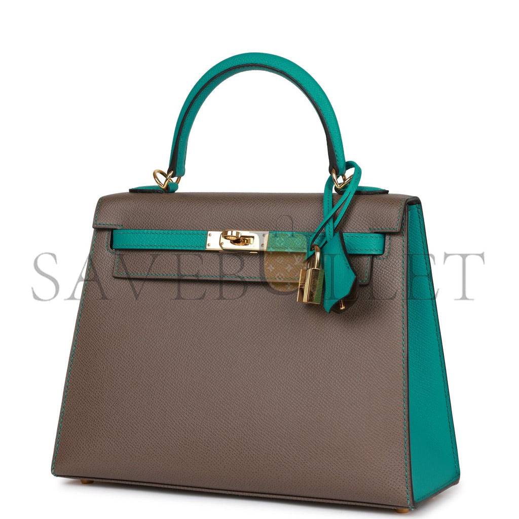 H**mes special order (hss) kelly sellier 25 etain and bleu paon epsom gold hardware handmade(25*17*7cm)