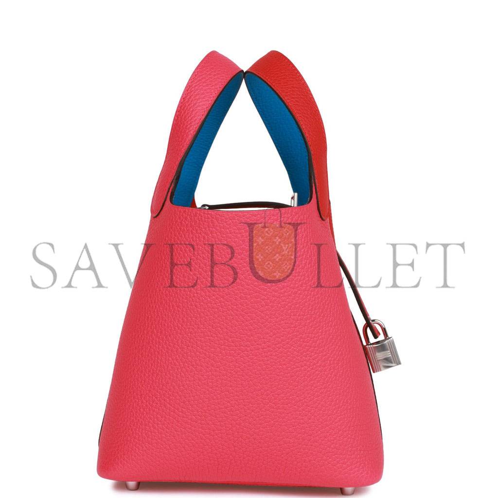 H**mes picotin lock 18 casaque rouge de coeur, rose extreme and bleu zanzibar clemence palladium hardware (18*13*18cm)