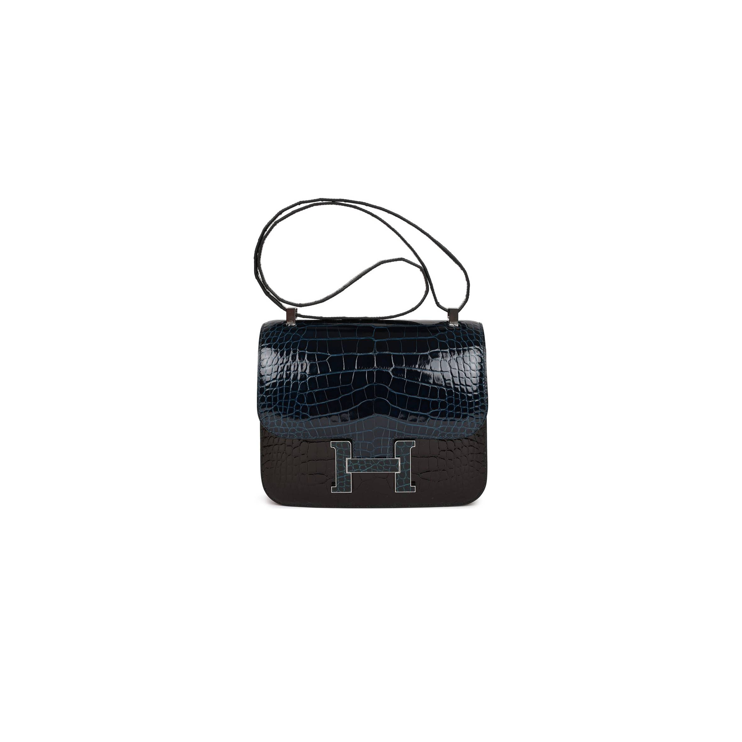 H**mes constance 24 tri-color black, bleu baltique and vert rousseau shiny alligator palladium hardware (24cm)