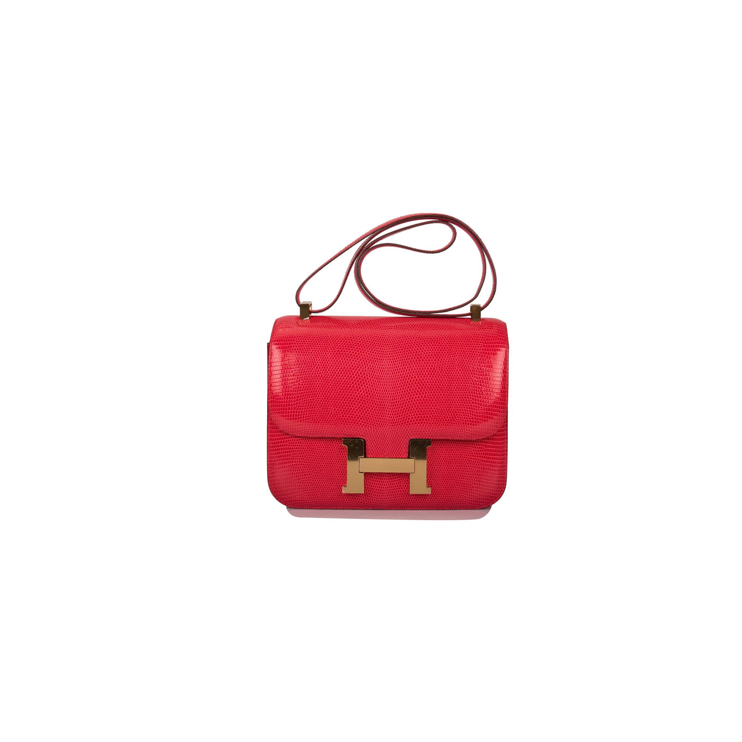 H**mes constance 24 rouge exotique lizard niloticus gold hardware (24cm)