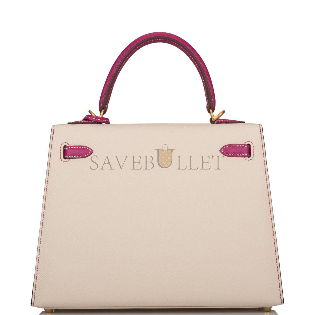 H**mes special order (hss) kelly sellier 25 rose pourpre and craie epsom brushed gold hardware handmade(25*17*7cm)
