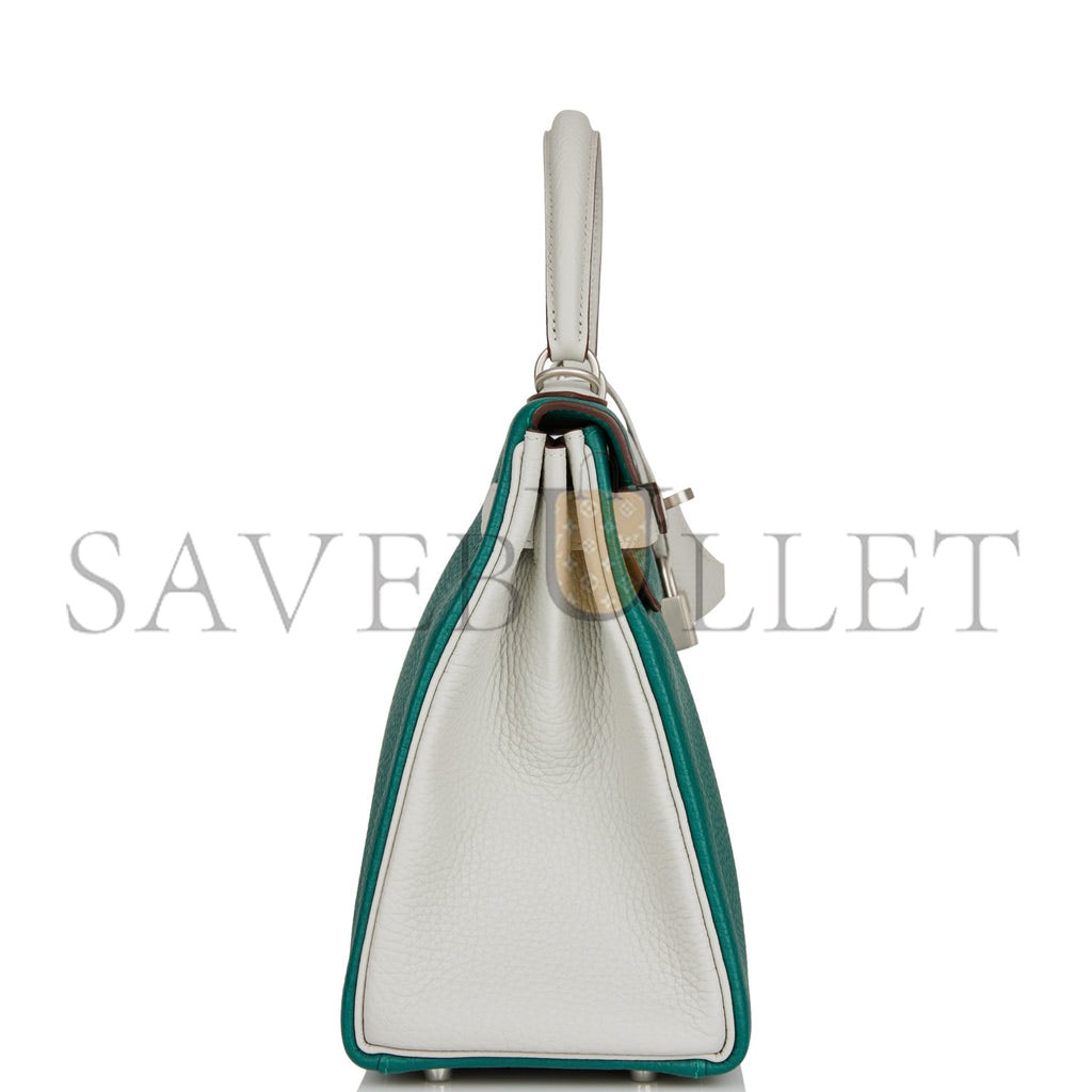 H**mes special order (hss) kelly retourne 28 malachite and gris perle clemence brushed palladium hardware (28*22*10cm)