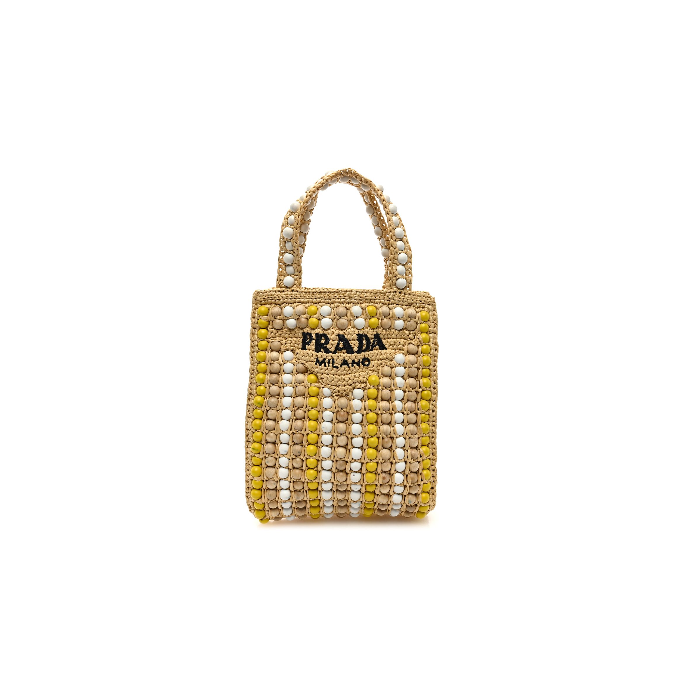 Pra*a raffia embroidered wood beaded logo tote bag tan (25*20*6cm)